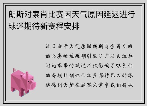 朗斯对索肖比赛因天气原因延迟进行球迷期待新赛程安排